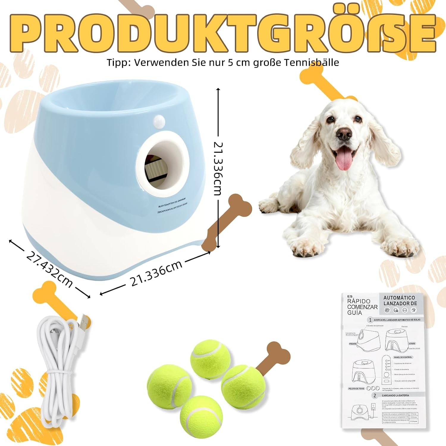 Automatic Dog Ball Launcher Ballwurfmaschine Für Hunde Mit 6 Tennisbällen, 3 Distanzstufen (3–9 M), Wiederaufladbar – Automatischer Ballwerfer Für Kleine & Mittlere Hunde