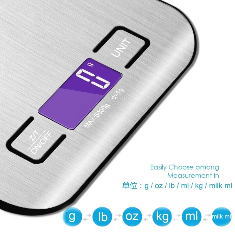 Digital Kitchen Scale 5Kg/10Kg Stainless Steel Panel USB Charg Precise Small Platform Scale Portable Multifunction LCD Display