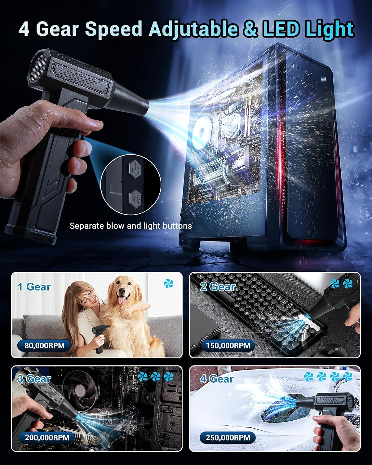 WHATOOK Air Duster 250000 U/Min, 8000Mah Akku, 4 Stufen & LED