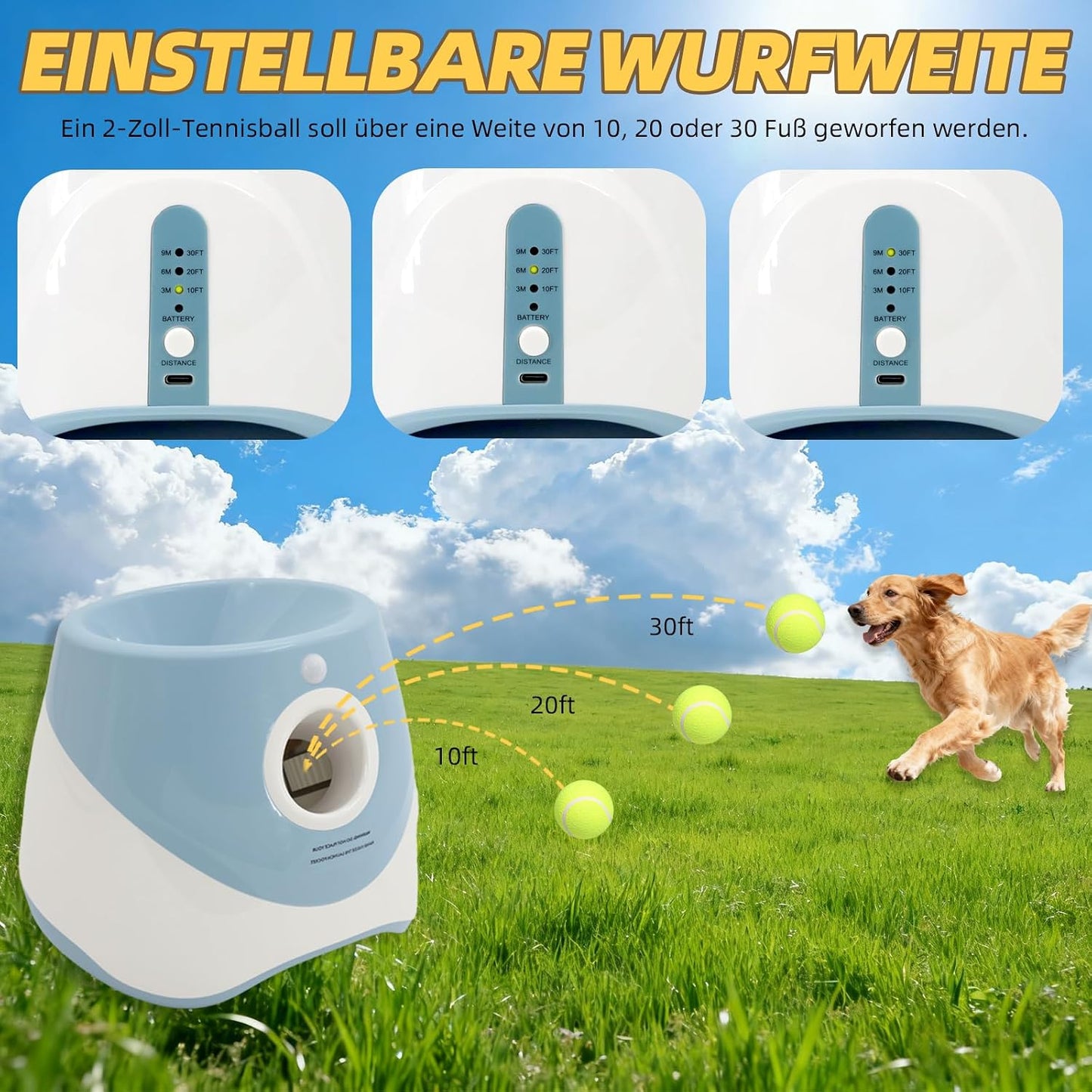 Automatic Dog Ball Launcher Ballwurfmaschine Für Hunde Mit 6 Tennisbällen, 3 Distanzstufen (3–9 M), Wiederaufladbar – Automatischer Ballwerfer Für Kleine & Mittlere Hunde