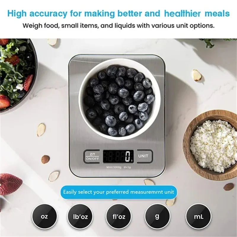 Digital Kitchen Scale 5Kg/10Kg Stainless Steel Panel USB Charg Precise Small Platform Scale Portable Multifunction LCD Display