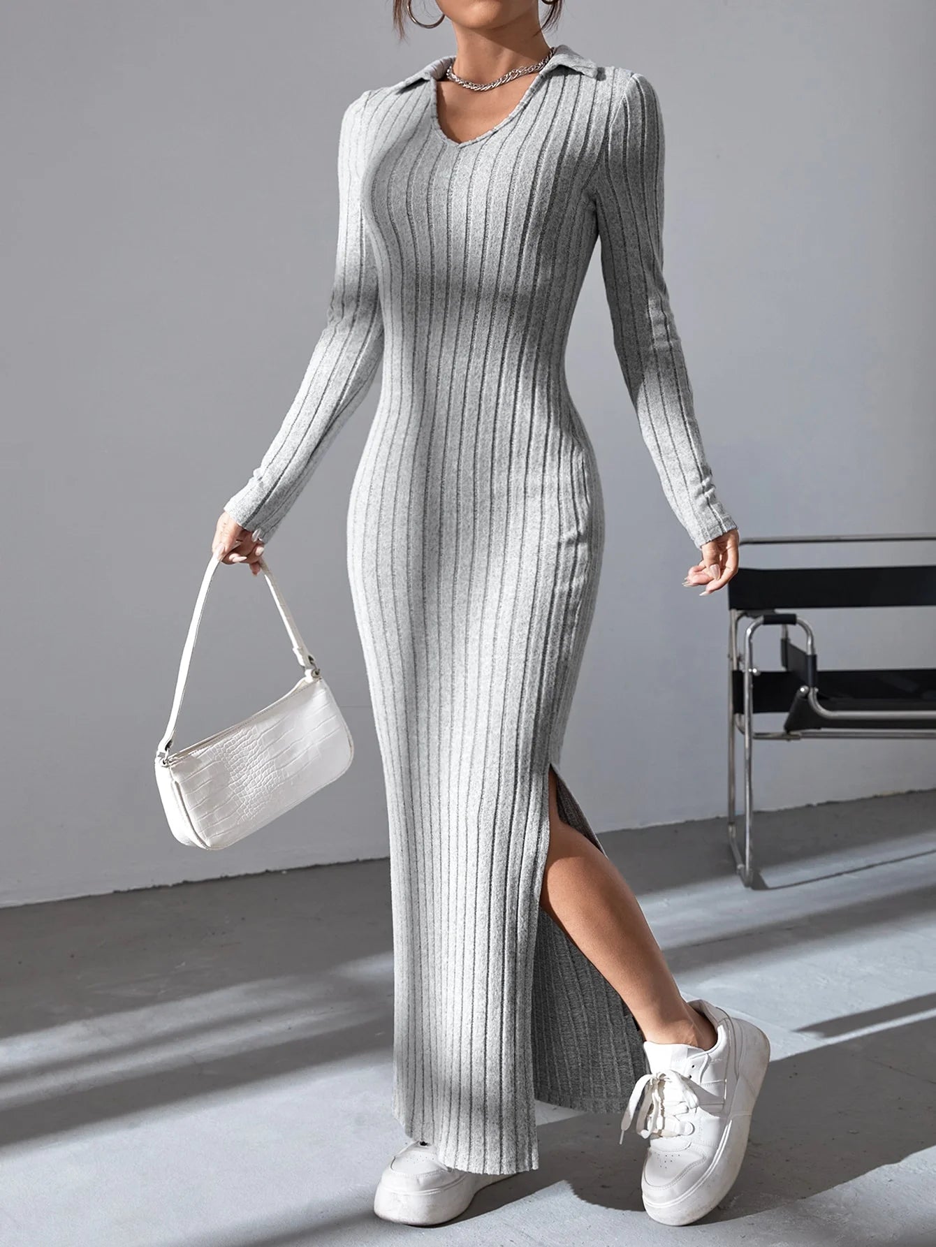 Winter Knit V-Neck Sweater Dress