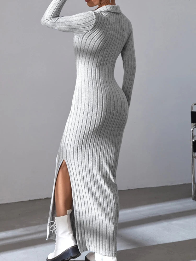 Winter Knit V-Neck Sweater Dress